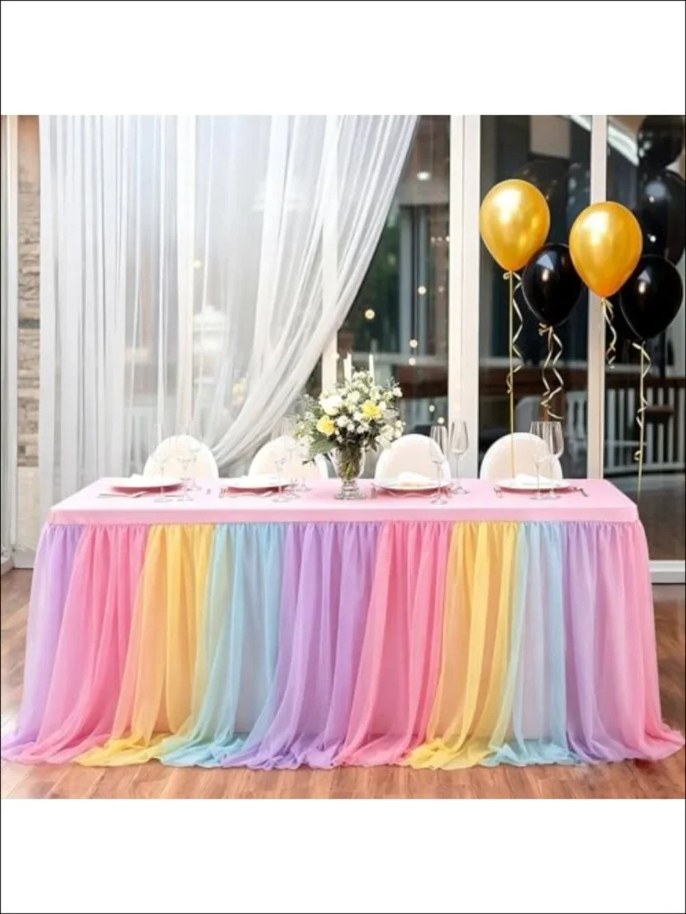 Rainbow Tulle Tablecloth 6ft Rectangle Table Skirt Ruffled Stretch Cover Party